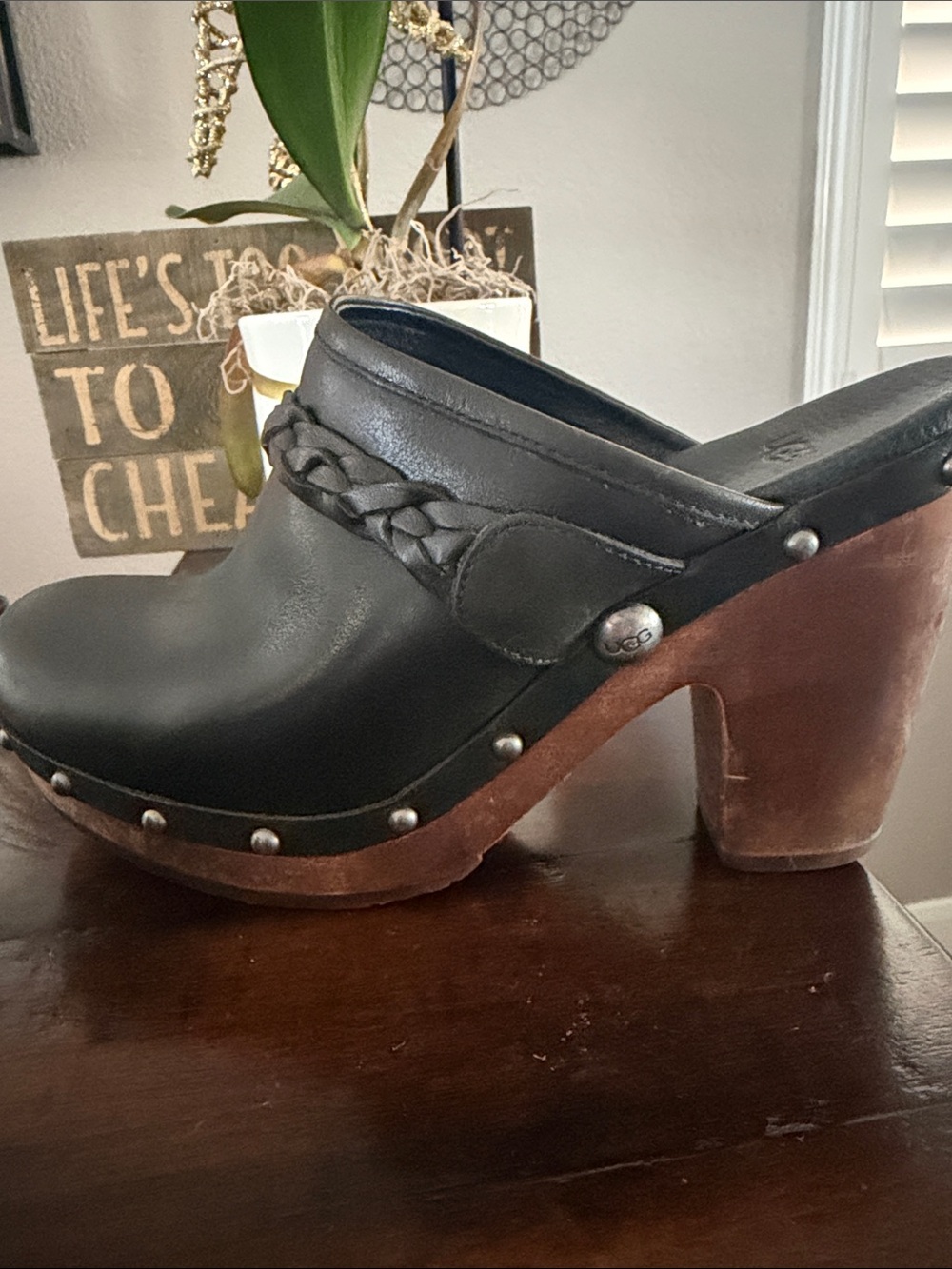 UGG Kaylee Black Leather Braided-Trim Clogs - Picture 8 of 15